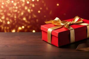 ai generado elegante rojo regalo caja con dorado cinta en un rojo antecedentes con dorado bokeh foto