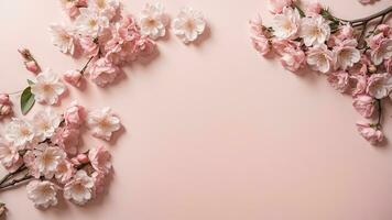 AI generated Banner with cherry blossom on light pink background. Greeting card template for Wedding, mothers or womans day. Springtime composition with copy space. Flat lay style photo