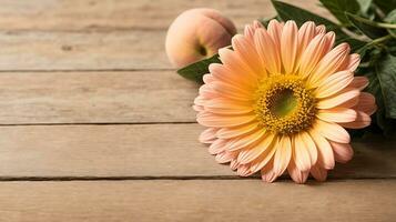 ai generado solitario gerbera flor en un de madera antecedentes. plano laico foto