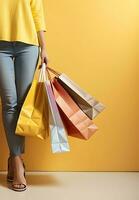 ai generado mujer participación compras pantalones en su mano foto