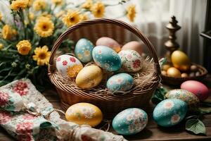 ai generado cesta con floral Pascua de Resurrección huevos. flores en el antecedentes foto