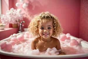 ai generado linda pequeño Rizado niña sentado en un bañera lleno de jabón espuma foto