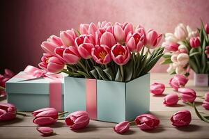 AI generated Gift box with a bouquet of pink tulips. Greeting card for International Women's Day, Mother's Day, Valentine's Day, Birthday photo