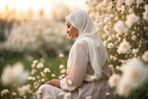 ai generado fotografía de un musulmán mujer desde el atrás, sentado en un campo de cierne blanco flores foto