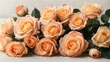 AI generated Delicate floral arrangement of peach roses on a light background. Greeting card with copy space photo