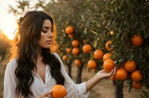 ai generado muy hermosa joven Español mujer cosecha naranjas en el jardín a puesta de sol foto