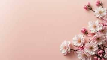 ai generado bandera con Cereza florecer en ligero rosado antecedentes. saludo tarjeta modelo para boda, madres o mujeres día. primavera composición con Copiar espacio. plano laico estilo foto