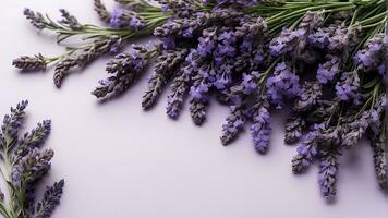 ai generado lavanda flor arreglo en un ligero antecedentes con Copiar espacio. plano laico foto