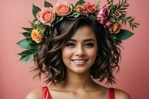 AI generated Portrait of a beautiful woman with a flower wreath on a pink background photo