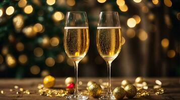 AI generated Two glasses of champagne gold glitter background. New year eve, Christmas party banner template with copy space for text photo