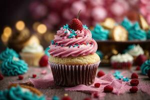 AI generated Delicious cupcake with pink cream, decorated with raspberries. Close-up photo