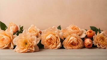AI generated Delicate floral arrangement of peach roses on a light peach wooden background. Greeting card with copy space photo