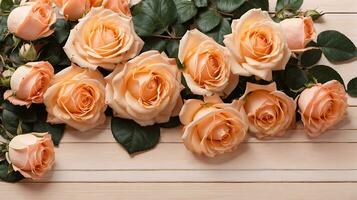 AI generated Delicate, versatile floral frame of peach roses on a light peach background. Composition with copy space. Flat lay photo