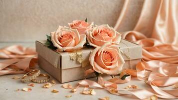 ai generado romántico composición. oro Boda anillos con melocotón rosas. Boda concepto foto