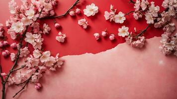 AI generated Banner with cherry blossom on red background. Greeting card template for Wedding, mothers or womans day. Springtime composition with copy space. Flat lay style photo