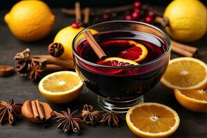 AI generated Winter mulled wine with orange and cinnamon on a rustic wooden table closeup photo