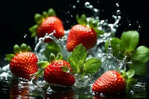 AI generated Strawberries with mint leaves falling in water splash, isolated on black background photo