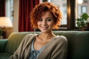 AI generated Charming young woman with short red curly hair sitting on a cozy sofa at home photo