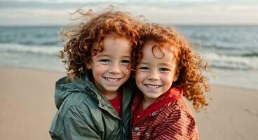 ai generado mellizos, un chico y un chica, estar en un abrazo y sonrisa. linda Rizado jengibre niños foto