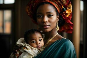 ai generado hermosa joven africano mujer en nacional ropa participación un bebé en su brazos foto