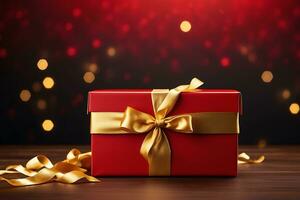 ai generado elegante rojo regalo caja con dorado cinta en un rojo antecedentes con dorado bokeh foto