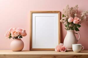 AI generated Empty wooden picture frame mockup on light pink wall background. Boho shaped vase, dry flowers on table. Cup of coffee. Working space, home office. Art, poster display photo