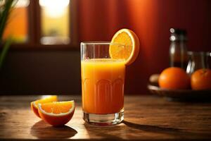 ai generado un refrescante vaso de naranja jugo en un vibrante marrón y rojo antecedentes foto