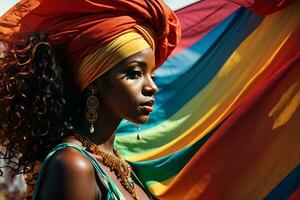 ai generado bandera para negro historia mes. hermosa africano mujer en un turbante foto