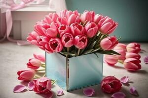 ai generado regalo caja con un ramo de flores de rosado tulipanes saludo tarjeta para internacional De las mujeres día, de la madre día, San Valentín día, cumpleaños foto