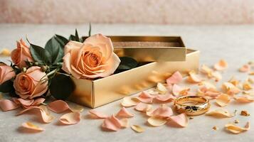 AI generated Romantic composition. Gold wedding ring with peach roses. Marriage proposal concept photo