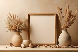 AI generated Empty wooden picture frame mockup on light beige wall background. Boho shaped vase, dry flowers on table. Cup of coffee. Working space, home office. Art, poster display photo