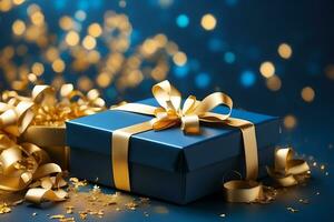 ai generado elegante azul regalo caja con dorado cinta en un azul antecedentes con dorado bokeh foto