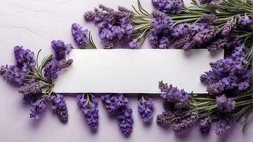 AI generated Lavender flower arrangement on a light background with copy space. Flat lay photo