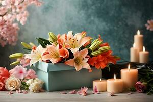 AI generated Gift box with a bouquet of lilies. Postcard for March 8, Birthday, Valentine's Day, Mother's Day photo