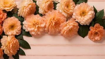 AI generated Delicate, versatile floral frame of peach chrysanthemums on a light peach background. Composition with copy space. Flat lay photo
