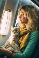 ai generado joven rubia mujer con gris a rayas gato sentado sentado a ventana de un avión transporte y de viaje con mascota concepto foto