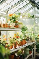 AI generated collection of flowering plants in ceramic pots, nestled within a glassed-in greenhouse, botanical for gardening enthusiasts of indoor green spaces photo