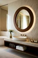 AI generated modern bathroom design in beige with a round mirror illuminated by a white sink with towels and care products photo