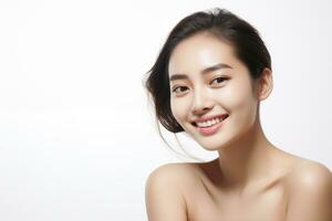 AI generated Close-up picture of a gorgeous Asian woman with good facial skin, focusing on skincare and makeup. photo