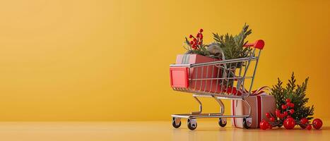 ai generado compras carretilla o carro descansando en el superficie. supermercado carretilla para comestibles. concepto bandera para compras foto