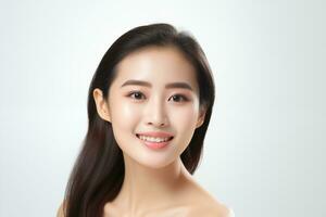 AI generated Close-up picture of a gorgeous Asian woman with good facial skin, focusing on skincare and makeup. photo