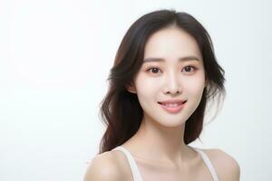 AI generated Close-up picture of a gorgeous Asian woman with good facial skin, focusing on skincare and makeup. photo