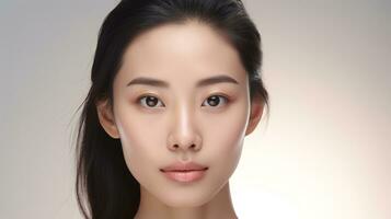 ai generado retrato asiático mujer Perfecto limpiar Fresco piel aislado en blanco antecedentes. foto