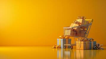 AI generated Shopping trolley or cart resting on the surface. supermarket pushcart for groceries. Concept banner for purchases. photo