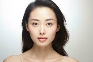 ai generado retrato asiático mujer Perfecto limpiar Fresco piel aislado en blanco antecedentes. foto