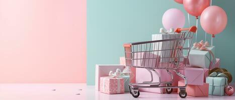 AI generated Shopping trolley or cart resting on the surface. supermarket pushcart for groceries. Concept banner for purchases. photo