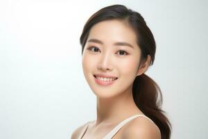 AI generated Close-up picture of a gorgeous Asian woman with good facial skin, focusing on skincare and makeup. photo