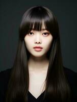 AI generated Portrait of beautiful young Korean woman with long straight hair with soft bangs, AI Generative photo