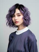 AI generated Portrait of beautiful young Japanese woman with short wavy purple hair on isolated white background, AI Generative photo