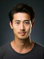 AI generated Portrait of a young japanese man, no facial expression, half body shot, facing the camera, photo, isolated black background, AI Generative photo